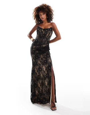 Heiress Beverly Hills premium exclusive lace bandeau corset thigh split maxi dress in black | ASOS (Global)