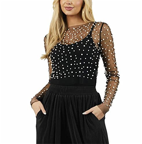 Women Sheer Mesh Pearl Top Black L | Amazon (US)