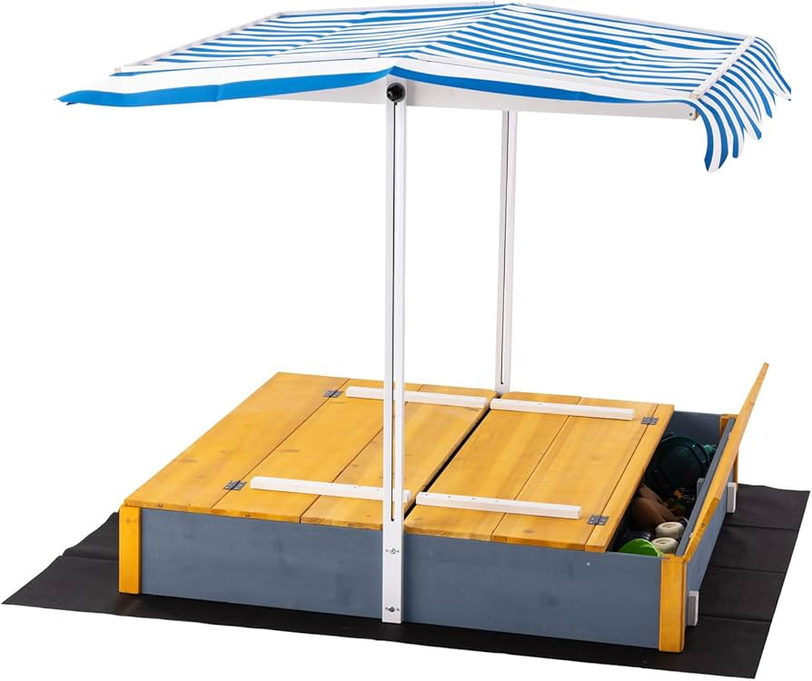 Kids Wooden Sandbox with Storage Box, Sand Pit with 2 Foldable Bench Seats for Aged 3-8 Years Old... | Amazon (US)