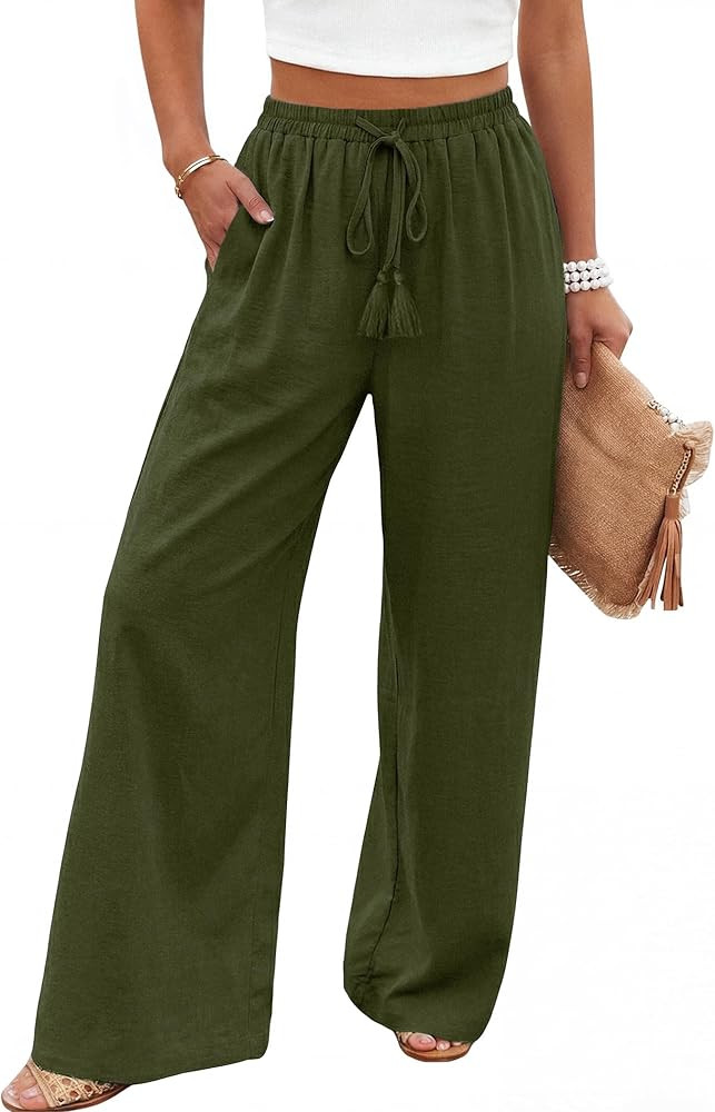 LOOKBOHO Women's Wide Leg Pants High Waisted Drawstring Loose Palazzo Pant Trendy Casual Flowy Be... | Amazon (US)