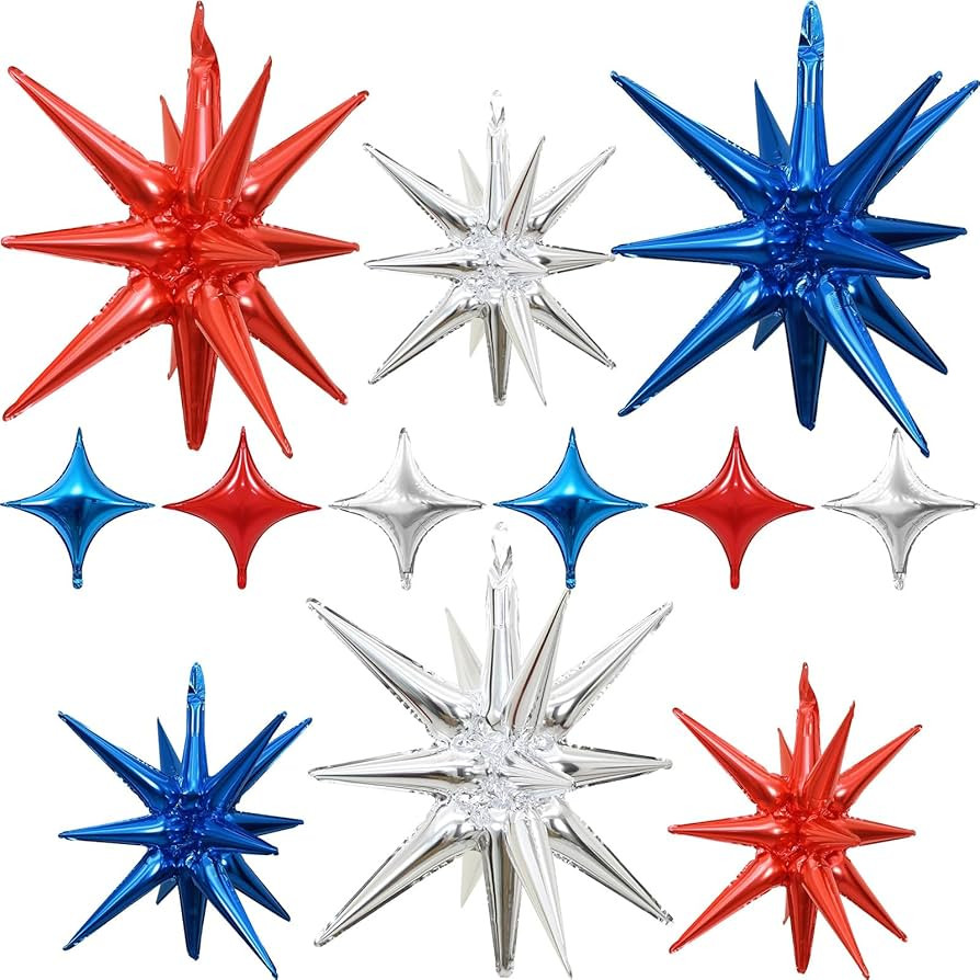 Red Blue Silver Star Balloons 12pcs, One-Piece, 27/22 Foil Inch Star Explosion Balloons, Large Sp... | Amazon (US)