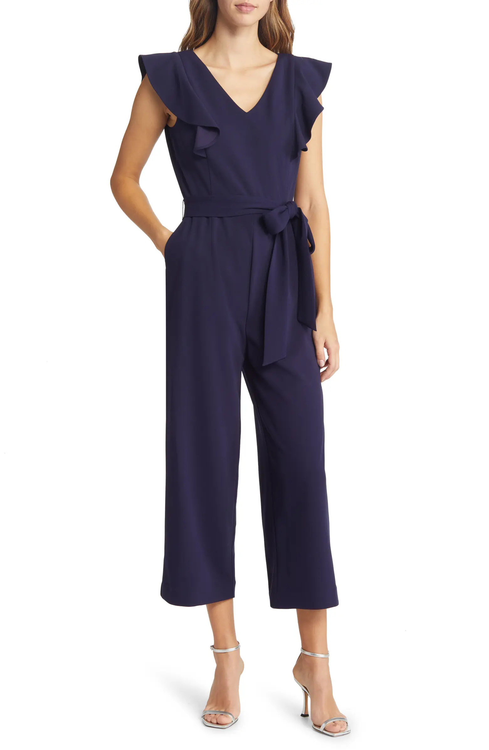 Ruffle Tie Waist Scuba Crepe Crop Jumpsuit | Nordstrom