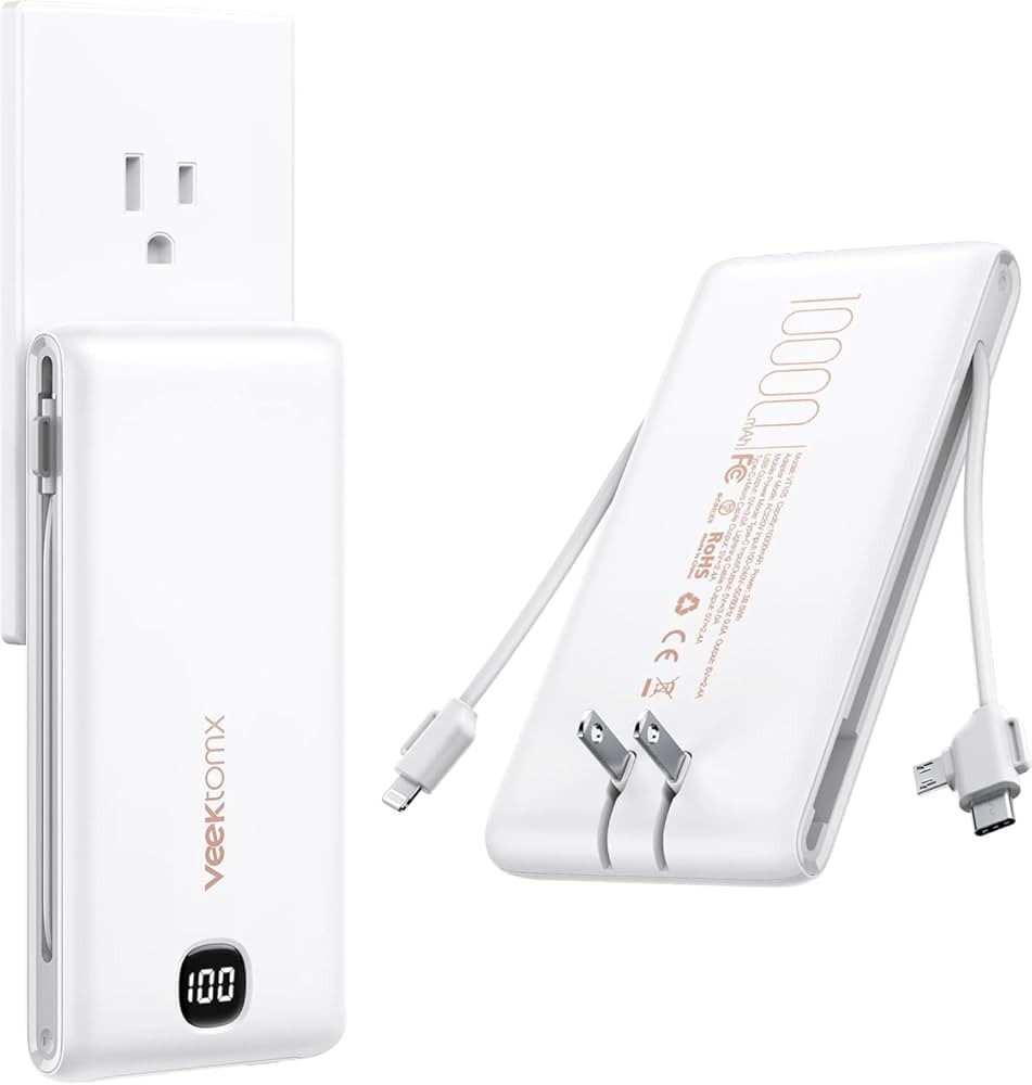VEEKTOMX Portable Charger with Built in Cables 10000mAh, Power Bank for iPhone with Wall Plug, Tr... | Amazon (US)