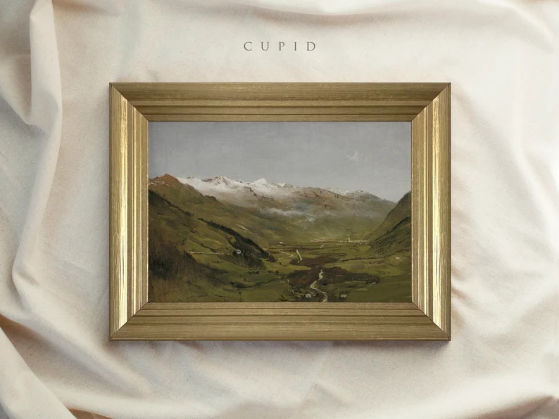 Vintage Art Framed, Vintage Mountain Prints, Green Valley Landscape Oil Painting, Farmhouse Art, ... | Etsy (US)