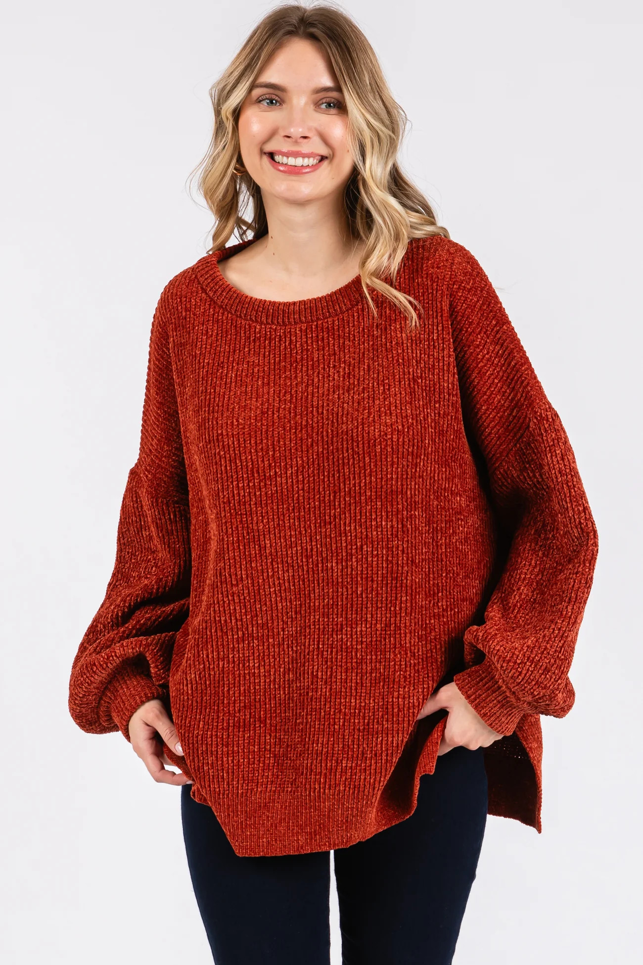 Rust Chenille Knit Balloon Sleeve Sweater | PinkBlush Maternity