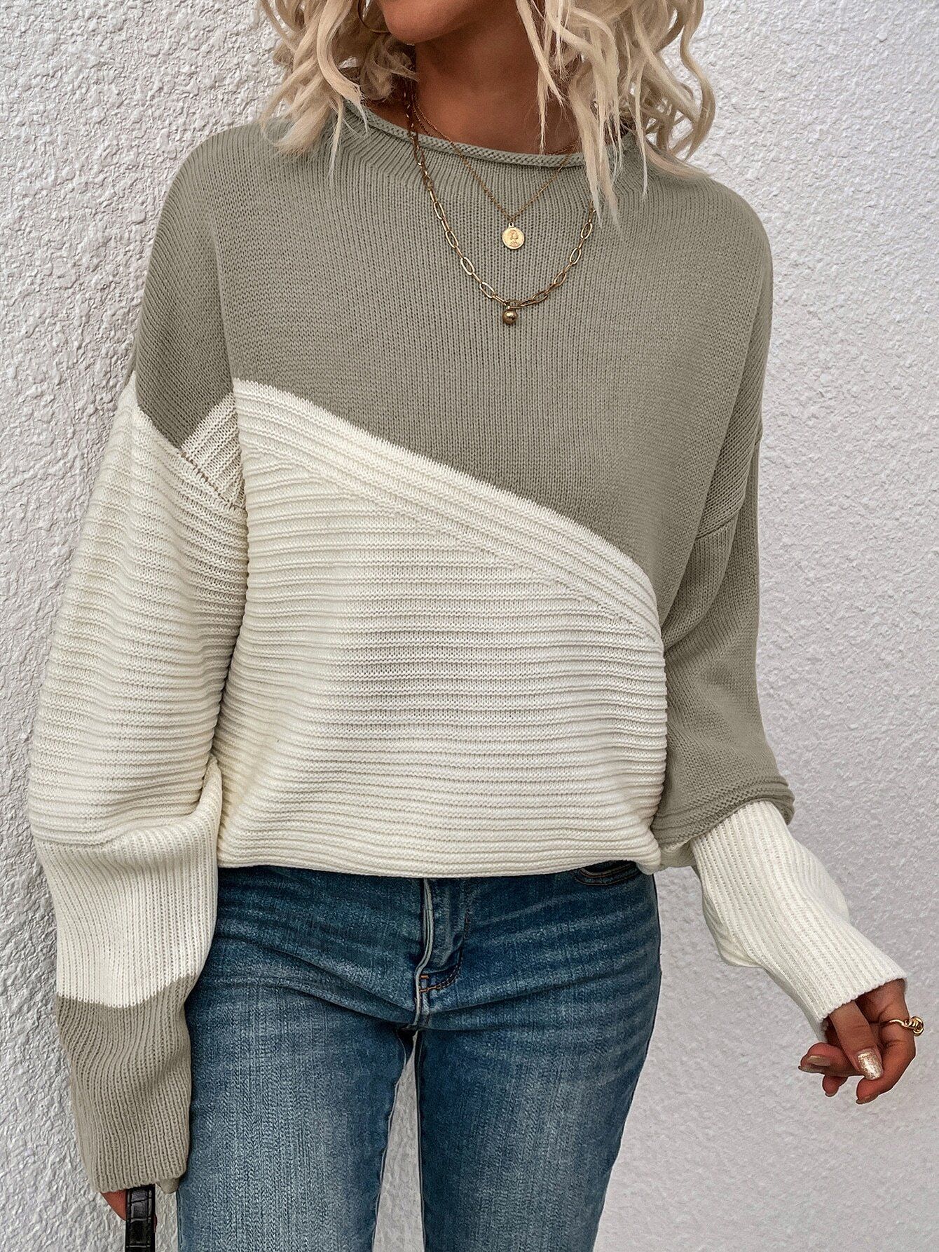 SHEIN LUNE Colorblock Pattern Drop Shoulder Sweater | SHEIN