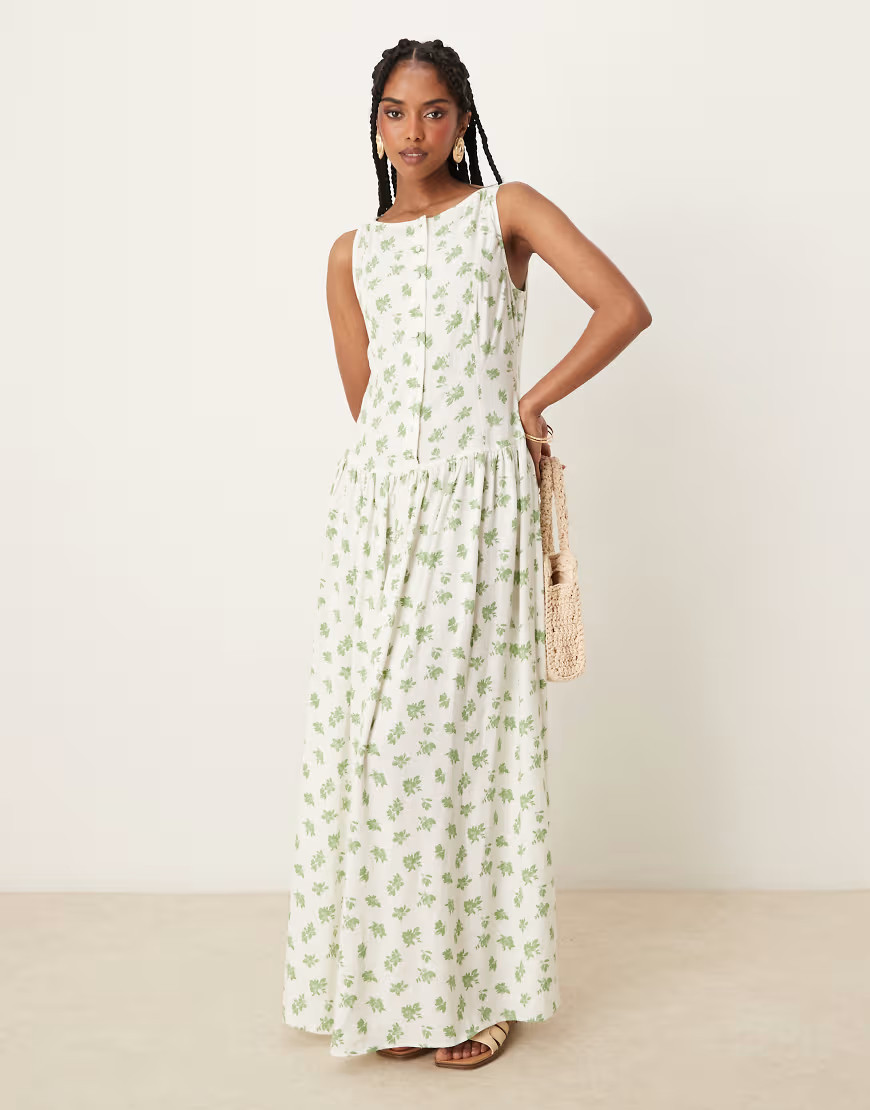 ASOS DESIGN slash neck button down dropped waist maxi dress in green floral-Multi | ASOS (Global)