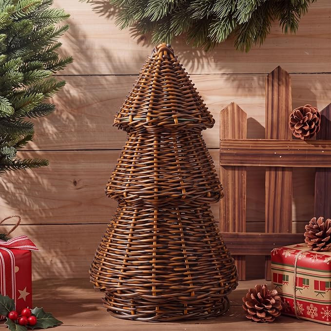 Leinuosen 1 Pcs Woven Rattan Christmas Tree Decor, Handmade Rustic Holiday Centerpiece, Natural B... | Amazon (US)