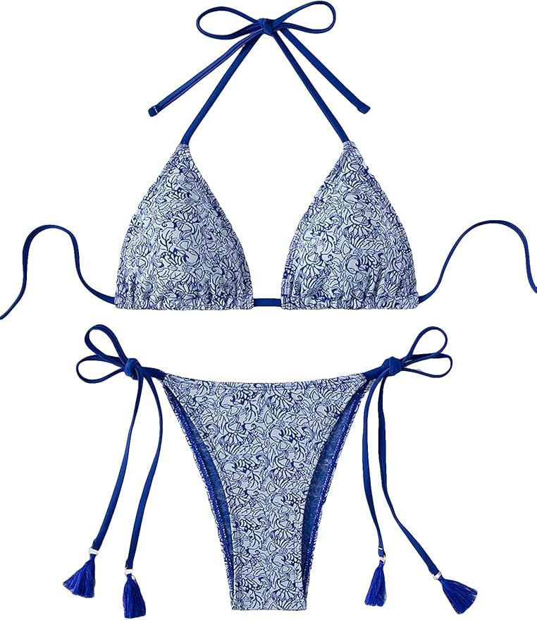 Verdusa Women's Bikini Sets Floral Print Triangle Halter String Bathing Suits | Amazon (US)