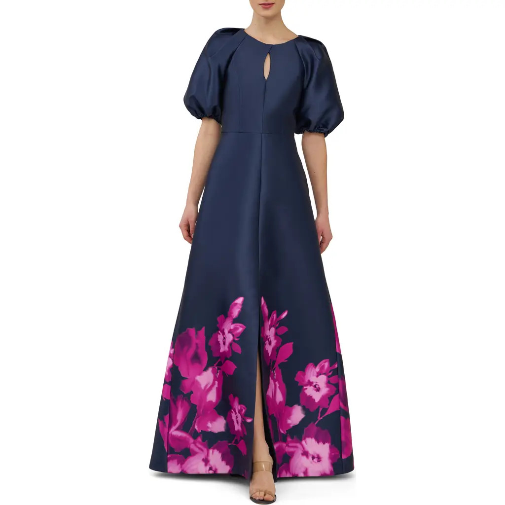 Kay Unger Delfina Puff Sleeve Mikado Gown in Midnight/pink Zinnia at Nordstrom, Size 2 | Nordstrom