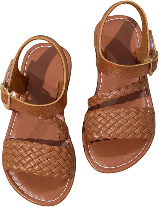 GORGLITTER Girl's Leather Ankle Strap Flat Sandals Dressy Braided Round Open Toe Summer Vacation ... | Amazon (US)