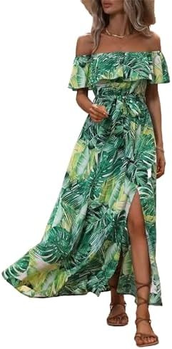 Women's Strapless High Slit Short Sleeve Floral Ruffle Dress Beach Boho Casual Loose Long | Amazon (US)