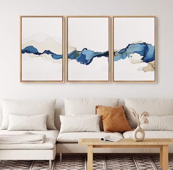 signwin 3 Piece Framed Canvas Wall Art Blue and White Watercolor Abstract Canvas Prints Modern Ho... | Etsy (US)