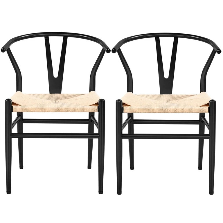 Alden Design Mid-Century Metal Dining Chairs with Woven Hemp Seat, Set of 2, Black | Walmart (US)