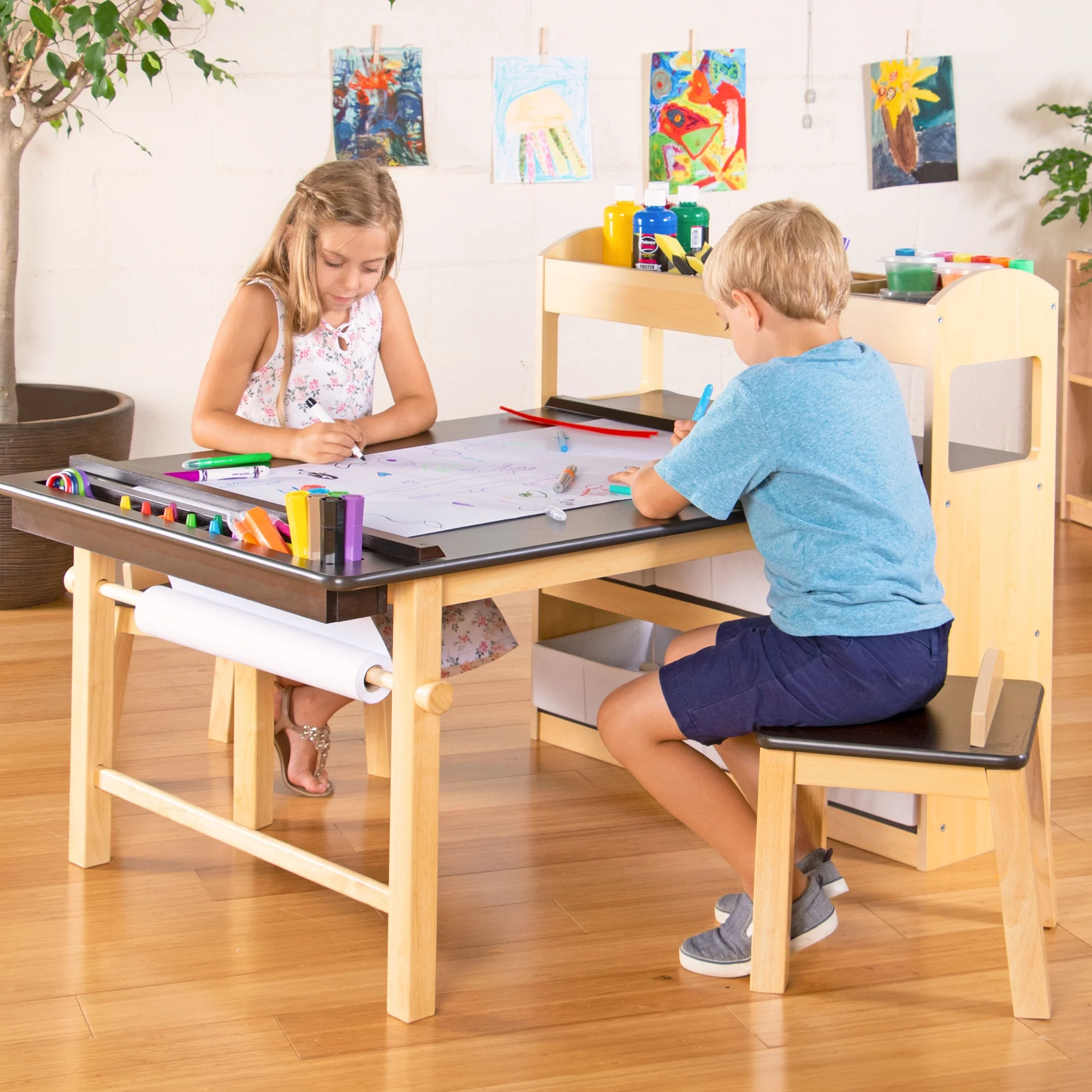 Guidecraft Deluxe Art Center: Drawing Desk and Painting Table for Kids, W/ Two Stools, Craft Supp... | Walmart (US)