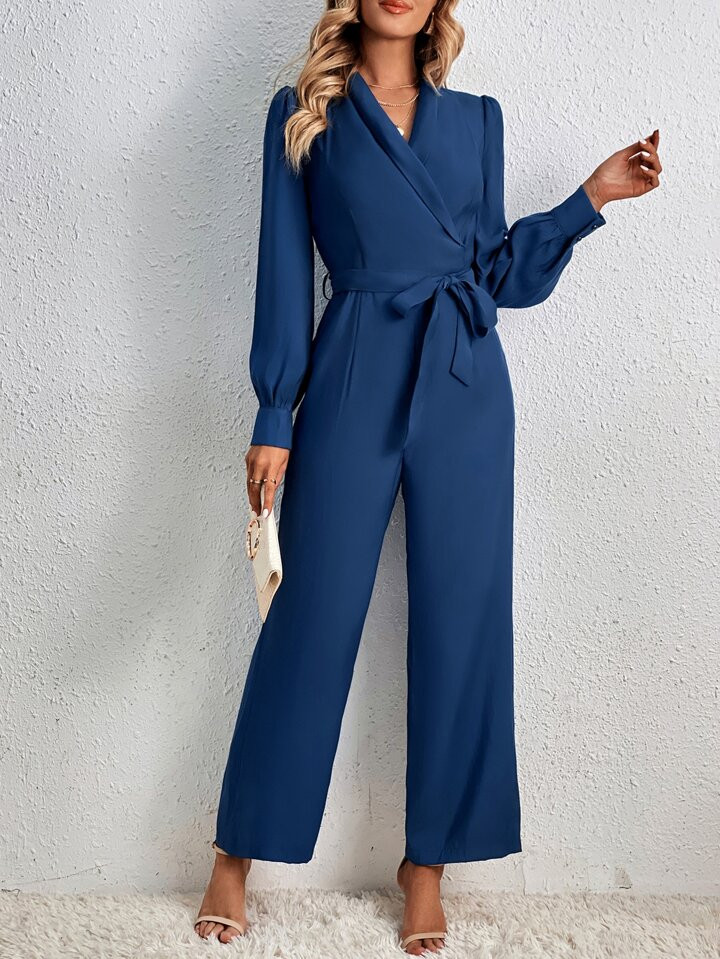 SHEIN Privé Shawl Collar Lantern Sleeve Belted Jumpsuit | SHEIN