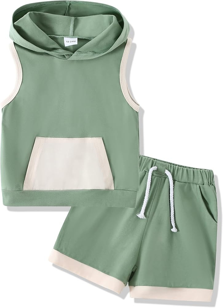 SANMIO Toddler Boy Clothes Summer Outfits Hoodie Sleeveless Tank Tops and Shorts Set with Pockets... | Amazon (US)