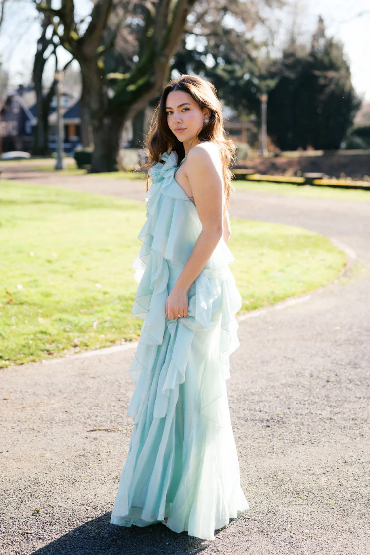Amal Tiered Ruffle Maxi Dress - Seafoam Green | Confête