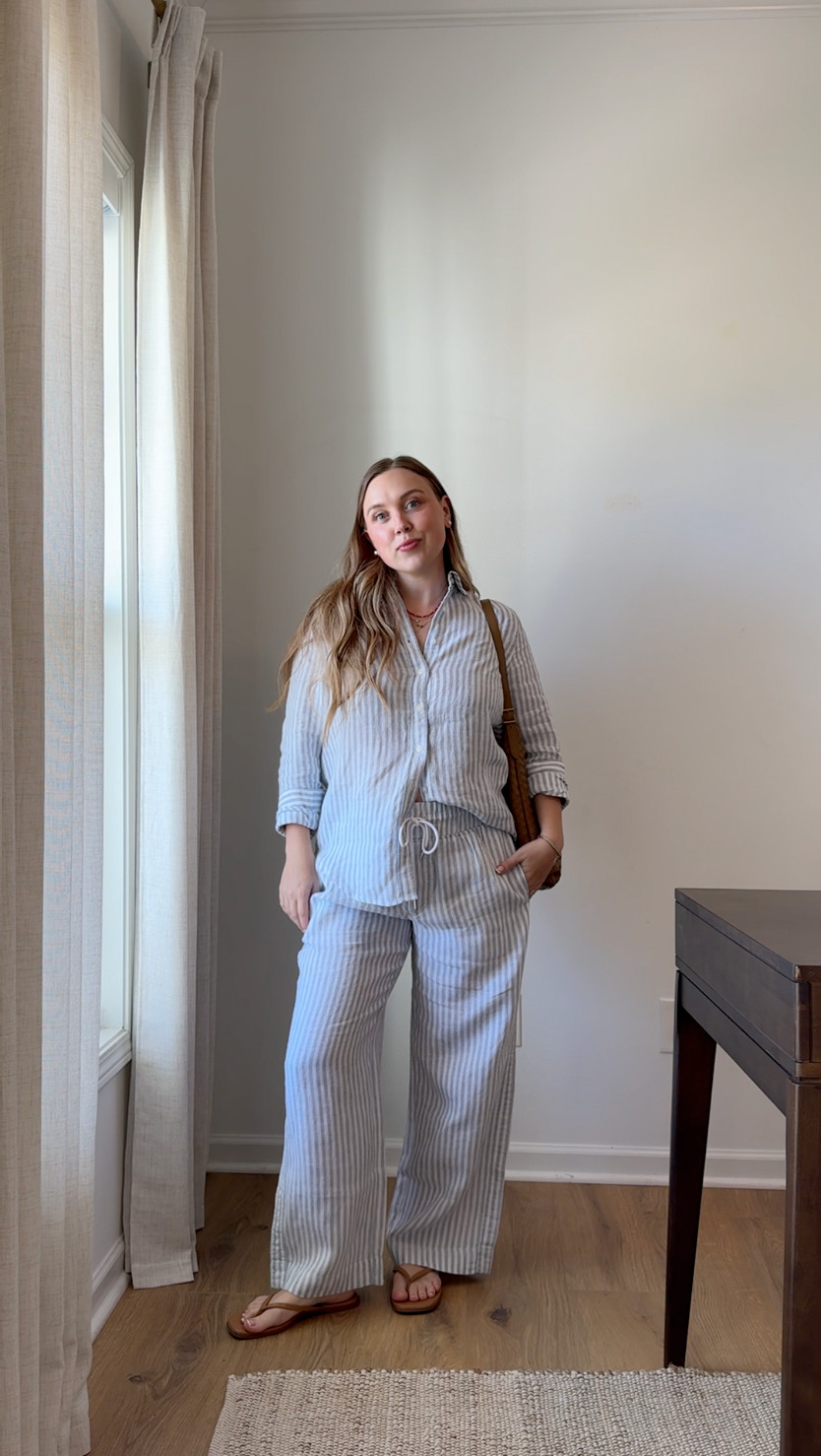 wearing a medium linen top, medium petite pants - need a regular length tho!  

 #LTKgrwm #LTKootd #LTKPetite