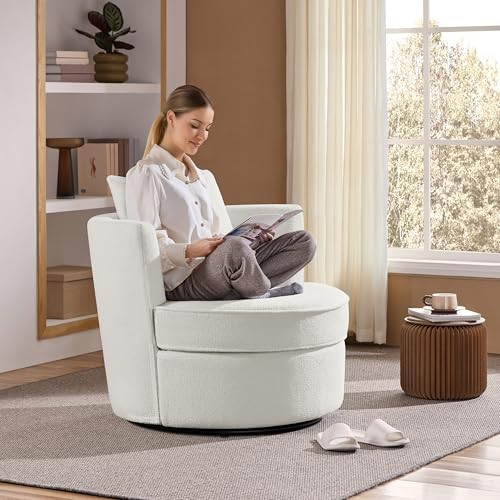 Yaheetech Swivel Barrel Chair, 34.5″ W Teddy Upholstered Round Swivel Chair, 360° Soft Boucle Accent Arm Chair with Throw Pillow, Single Sofa Chair for Living Room Bedroom Reading White | Amazon (US)