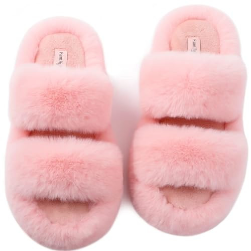 FamilyFairy Women's Fluffy Faux Fur Slippers Comfy Open Toe Two Band Slides with Fleece Lining and Rubber Sole(9-10, Pink) | Amazon (US)