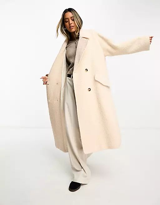 ASOS DESIGN double breasted boucle wool mix coat in cream | ASOS (Global)