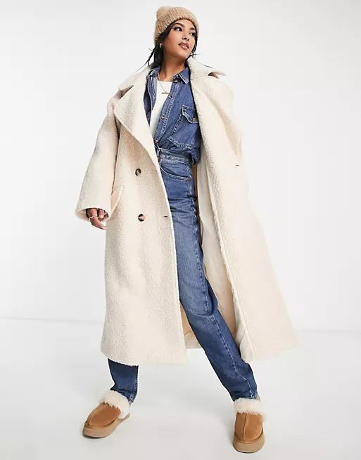 ASOS DESIGN double breasted boucle wool mix coat in cream | ASOS (Global)