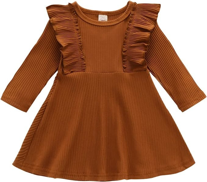 Toddler Baby Girl Ribbed Dress Ruffle Solid Round Neck Long Sleeve Cotton Sundress Kids Casual Sp... | Amazon (US)