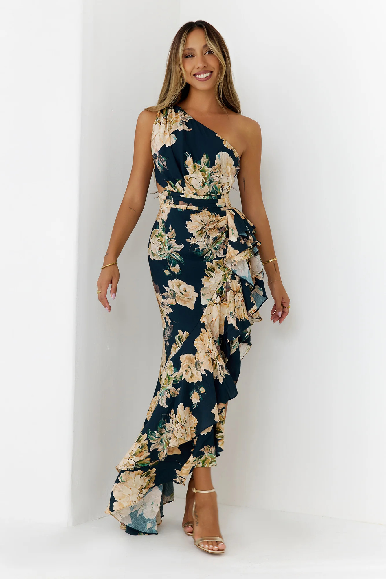 Floral One Shoulder Cutout Maxi Dress Navy | Hello Molly (US)