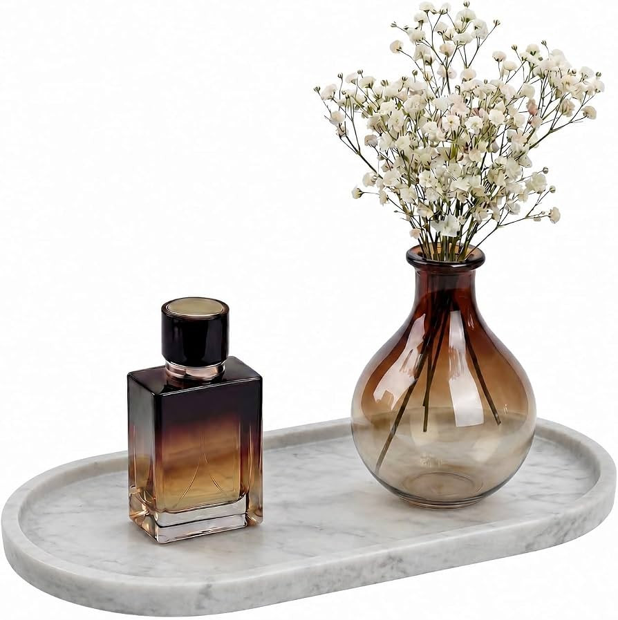 YKAJO Carrara White Gray Oval Marble Tray, 11.8x5.9 Perfume Organizer Dish | Amazon (US)