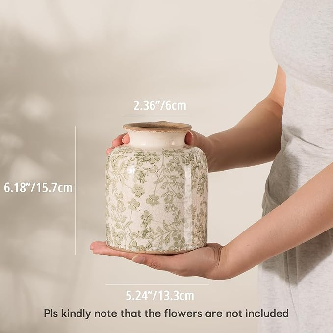 Floral Chinoiserie Ceramic Vase, 15.7 cm Ice Cracked Hand-Painted Pastel Green Botanical Design, ... | Amazon (UK)