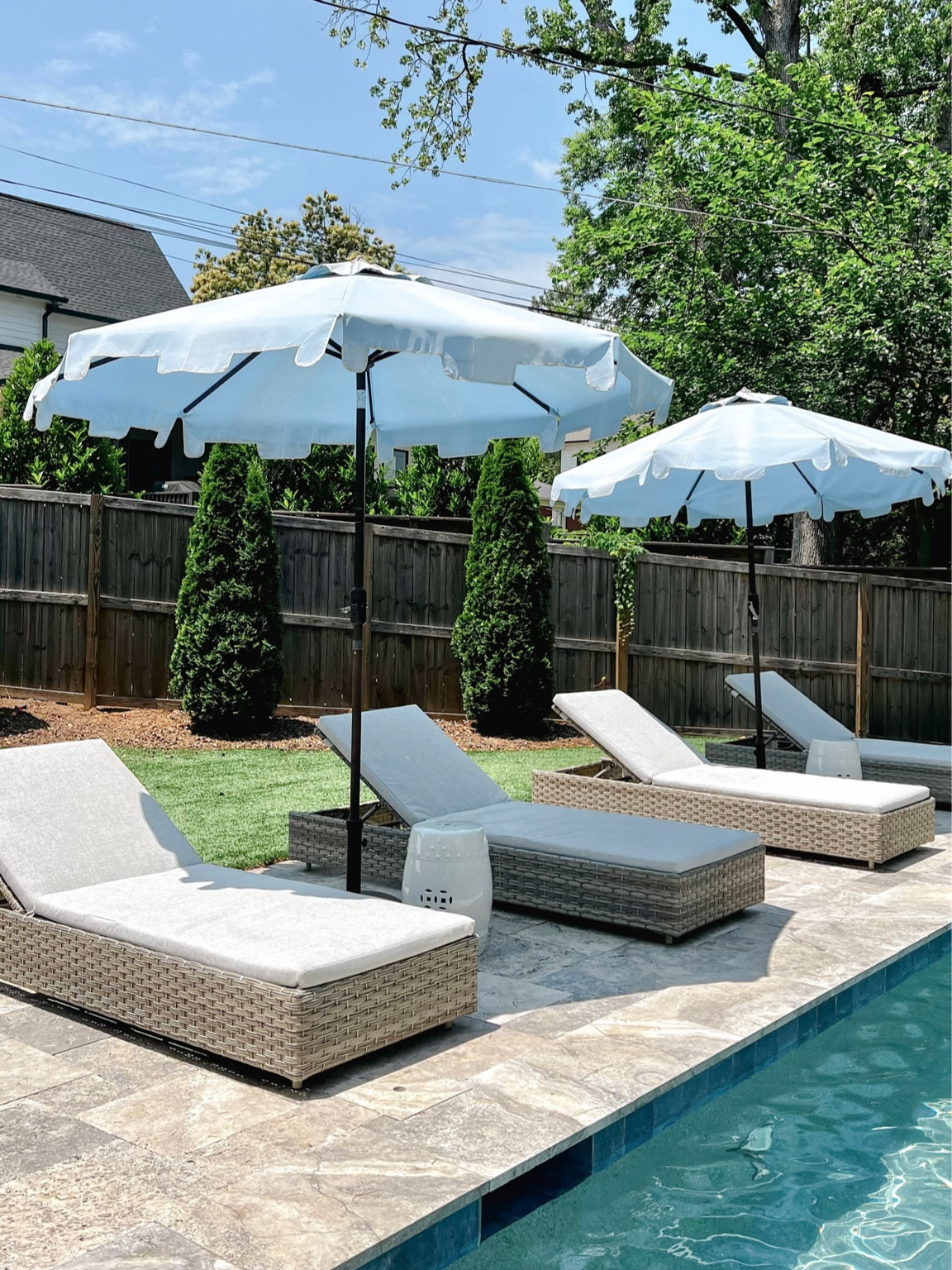 Pool deck got an upgrade! ⛱️💦☀️ Obsessed with these new wicker chaise lounges- they have truly transformed our space and are super comfortable. 

#LTKhome