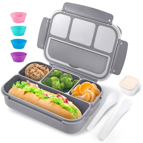 Bento Box Adult Lunch Box for Men Women, Bento Lunch Box for Kids Boys Girls School, Lunch Containers for Adults with 4 Compartments, Utensil Set, Sauce Container, Muffin Cup, Gray | Amazon (US)