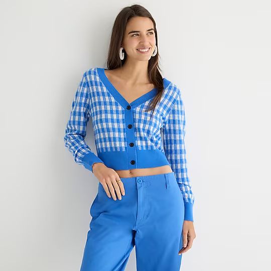 Cashmere cropped V-neck cardigan sweater in gingham | J.Crew US