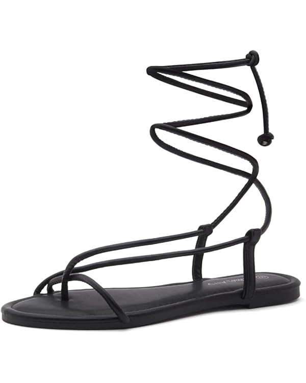 Shoe Land SL-Auday Womens Lace Up Flat Sandals Open Toe Tie Up Ankle Wrap Flat Sandals Black Whit... | Amazon (US)