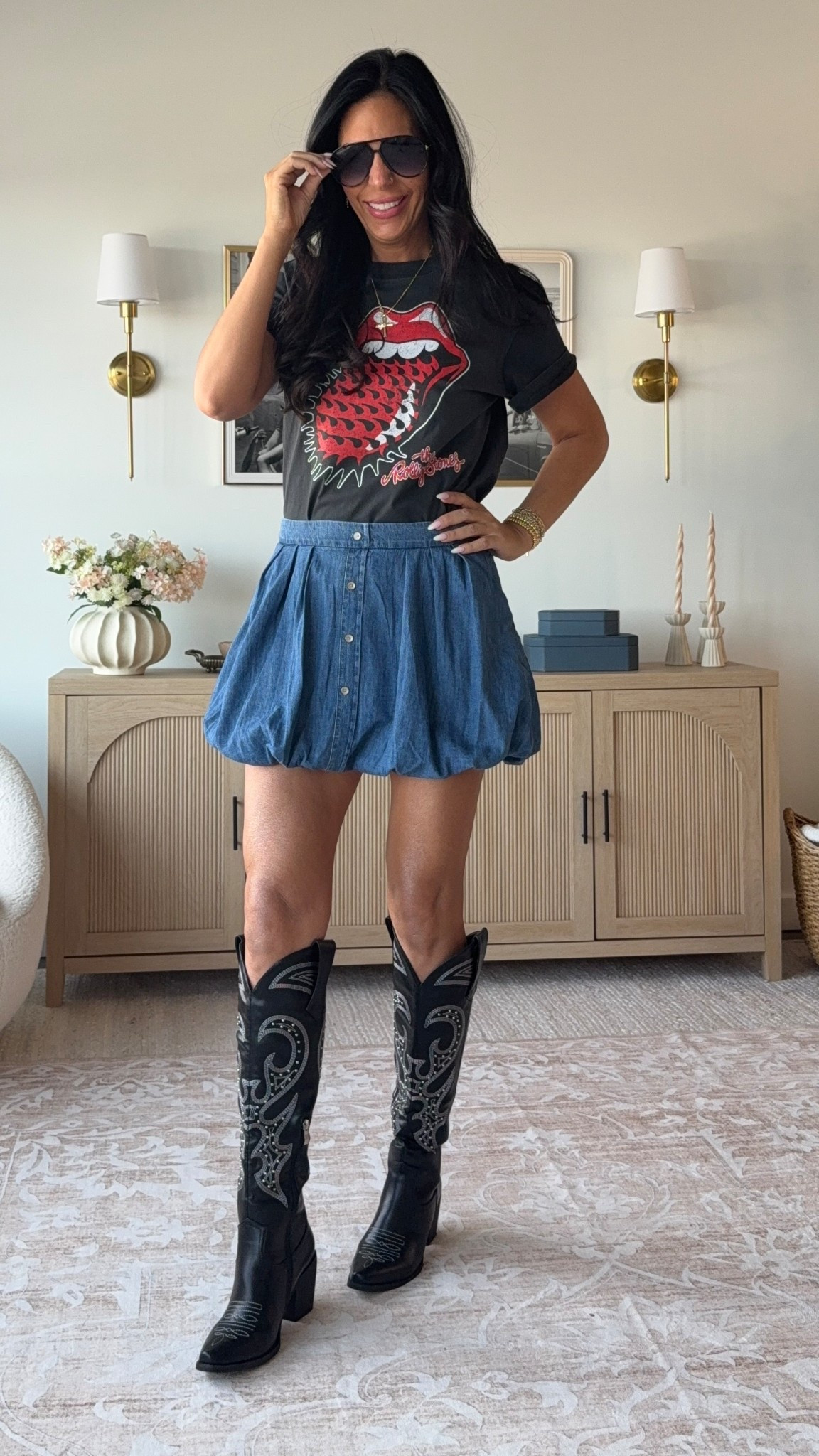 The perfect denim bubble skirt, band tee, and Amazon cowboy boots for a summer concert 
Size up in skirt 
Tee is a small and tts
Body blur in medium - streak free and gives the best glow 
Boots are tts and insanely comfortable! 

#LTKU #LTKFindsUnder100 #LTKSaleAlert 

#LTKFestival #LTKShoeCrush