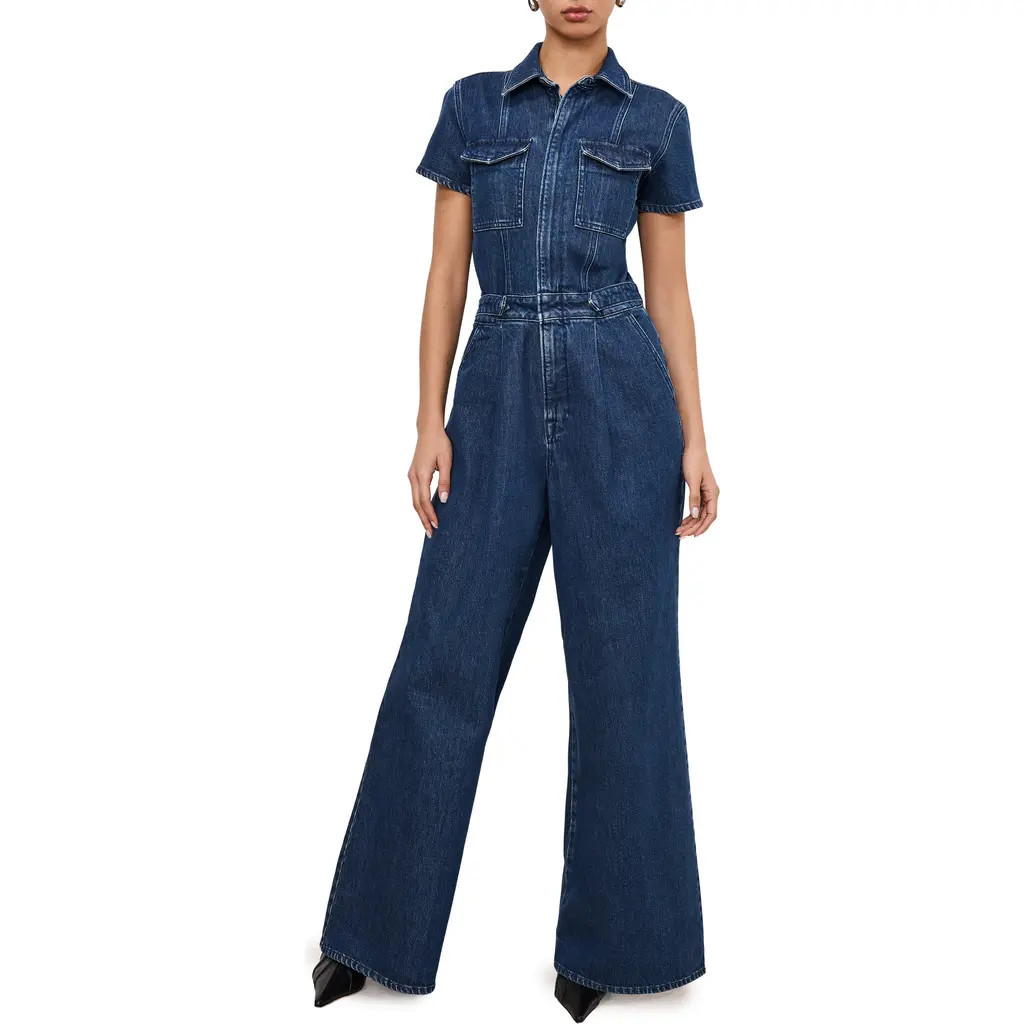 Good American Fit for Success Pleated Wide Leg Denim Jumpsuit in Indigo724 at Nordstrom, Size X-Small | Nordstrom