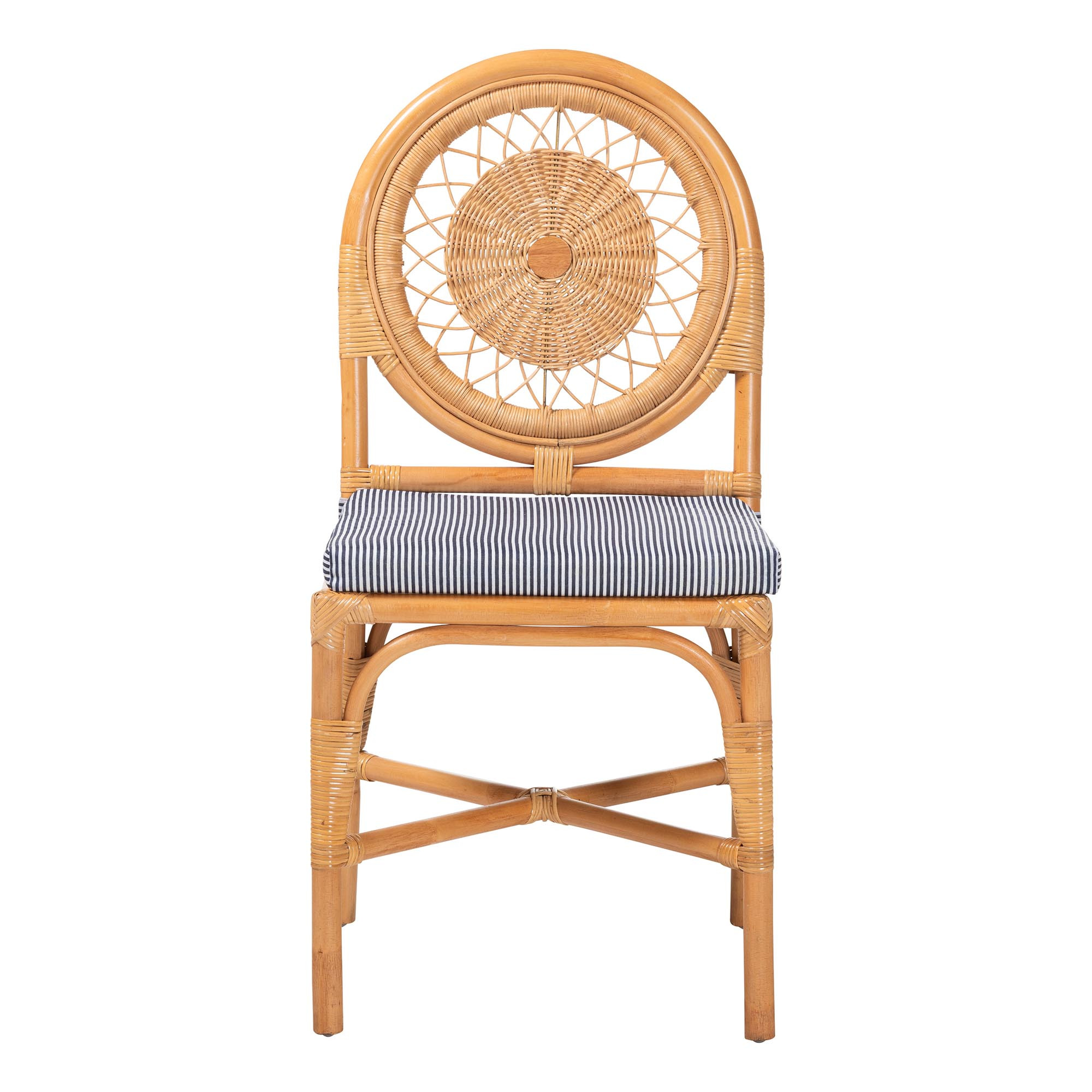 Oberon Natural Rattan Handwoven Wicker Dining Chair with Cushion and Sunburst Backrest In Dark Blue and Light Honey | 1stopbedrooms