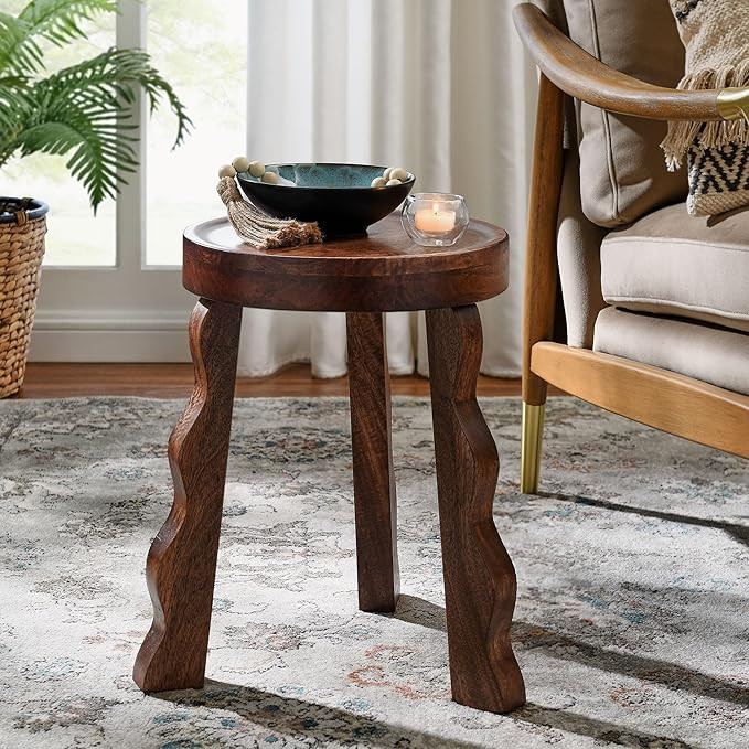 Modway Sorrel Carved Wood Round Stool in Walnut - Indoor Wooden Plant Stand with 3 Wavy Legs - Tr... | Amazon (US)