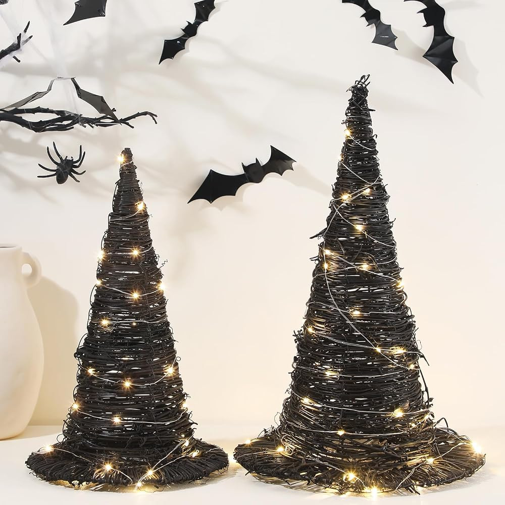 Leinuosen 2 Pcs Halloween Rattan Witch Hat Decor with String Lights Wicker Wizard Hats Woven Witc... | Amazon (US)