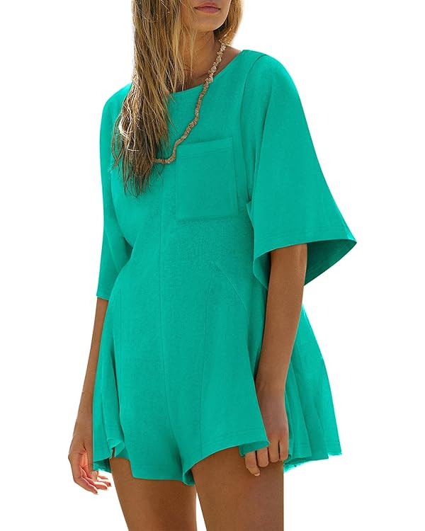 Yousify Rompers for Women 2025 Spring Outfits Summer Casual Short Sleeve Crew Neck Loose Jumpsuit... | Amazon (US)