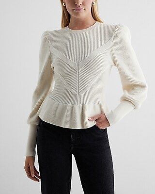 Ribbed Crew Neck Puff Sleeve Peplum Sweater | Express