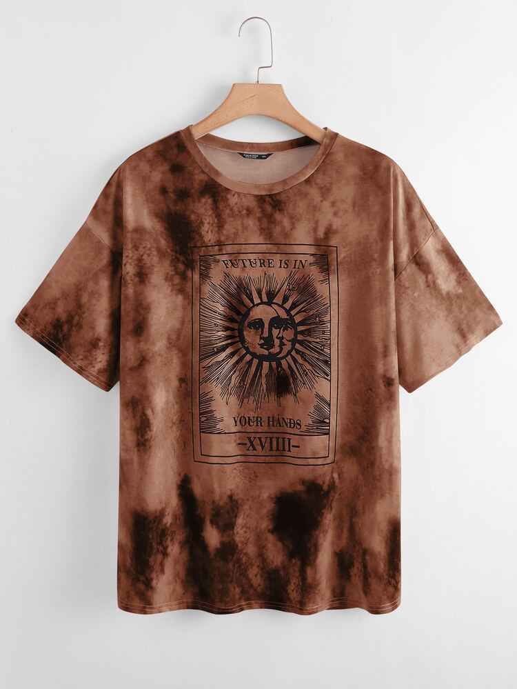 Plus Sun And Moon Print Tie Dye Tee | SHEIN