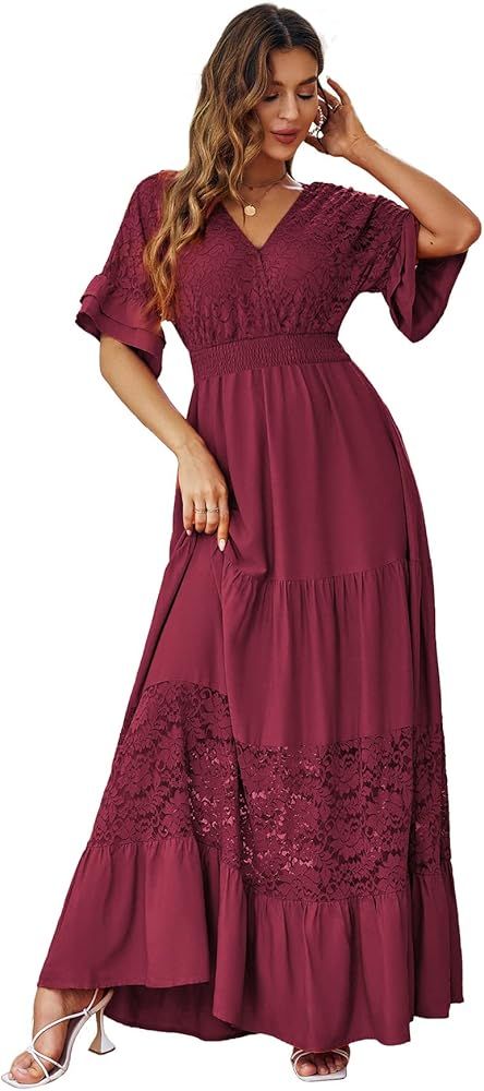 Simplee Women V Neck Formal Lace Maxi Dress Ruffle Flowy Short Sleeve Boho Wedding Guest Long Dre... | Amazon (US)