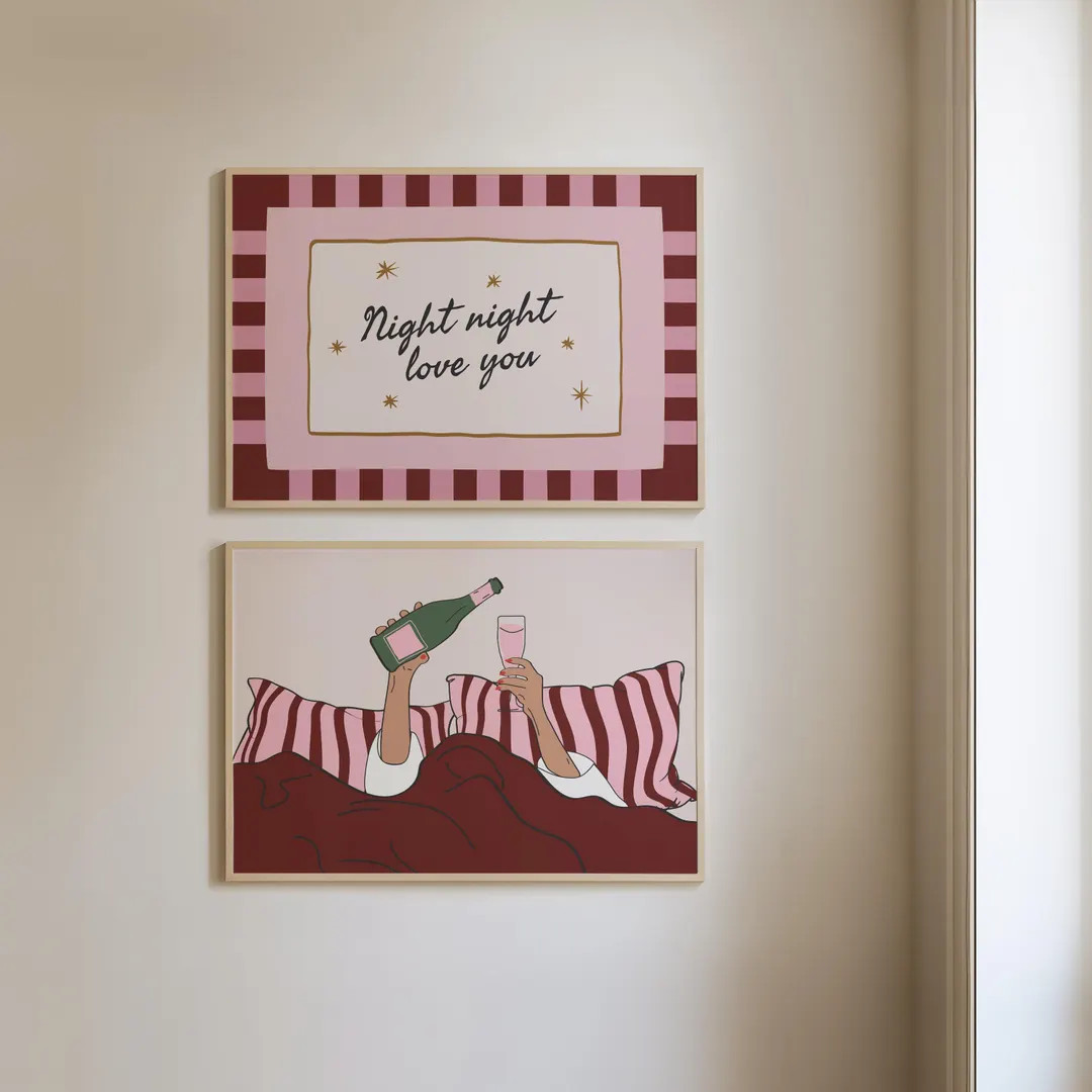 Burgundy Wall Art for Bedroom Set of 2: Horizontal Art for Above Bed, Striped Bedroom Posters, Ae... | Etsy (US)