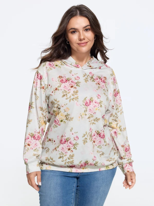Rose Print Hooded Loose Fit Sweatshirt | Bloomchic