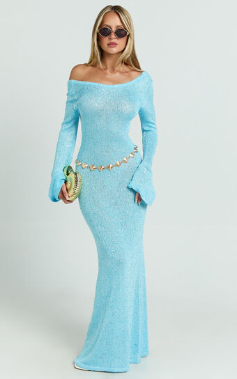 Inez Maxi Dress - High Neck Long Sleeve Scoop Back Sequin Open Knit Column Dress in Light Blue | Showpo (ANZ)