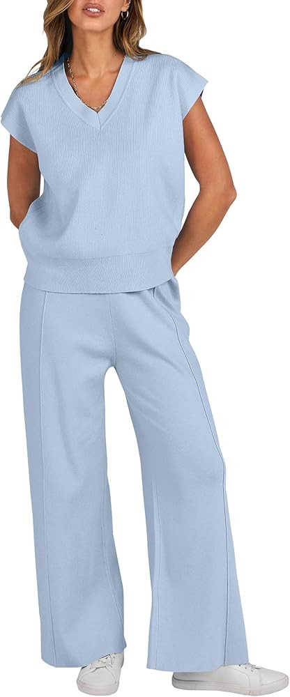 Caracilia Women's Summer 2 Piece Sweater Vest Sets Knit Top & Wide Leg Pants Lounge Matching Set ... | Amazon (US)