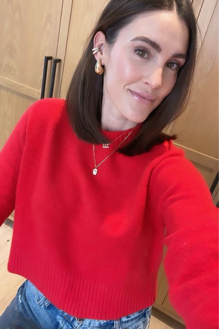 FASHION \ a little red holiday crew neck sweater from Target!😍 only $25! Wearing a small

Party
Winter outfit 
Mom fit 

#LTKHoliday #LTKstyletip #LTKfindsunder50