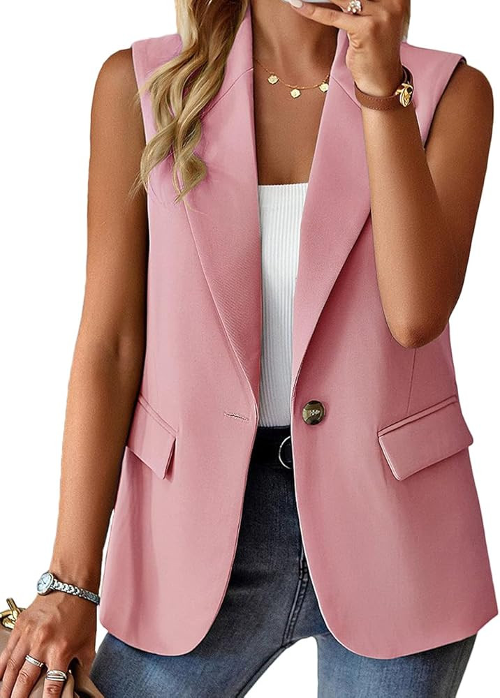 2024 Fall Sleeveless Blazer Vest Fully Lined One Button Fashion Casual Open Front Work Vest Tops ... | Amazon (US)